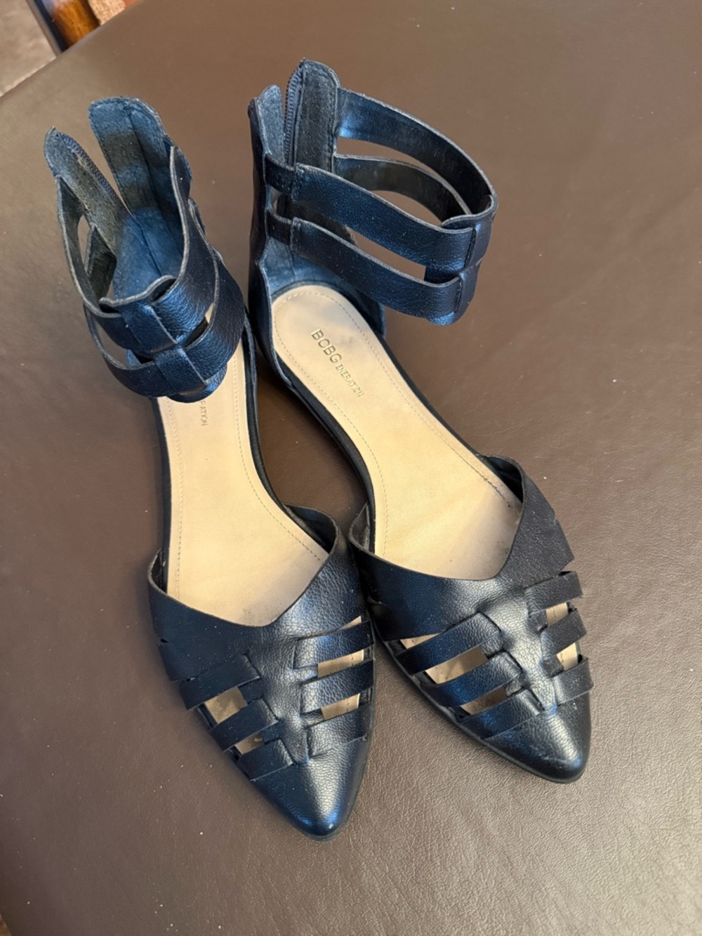 BCBGeneration Black Pointed-Strap Ankle Flat Sandals